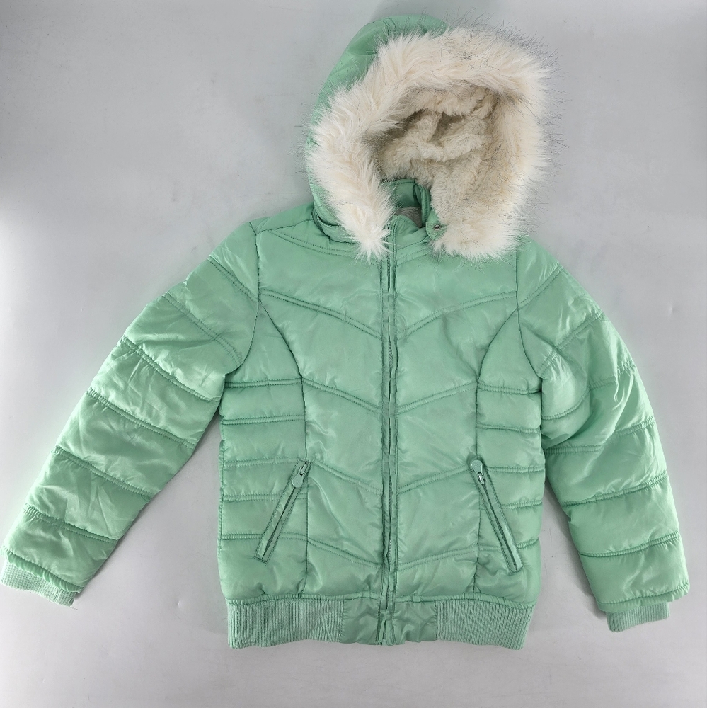 Justice Mint Green Puffer Jacket with Faux Fur Hood
